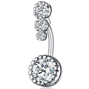 Detail of silver stainless steel belly button ring with vertical micro-pave clear zircons