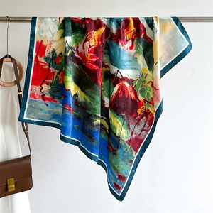 Retro Oil Painting Style Square Scarf Polyester Twill Lotus Floral Print Elegant Large Shawl For Women