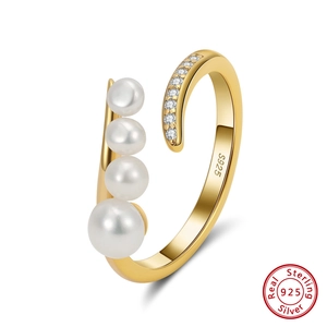 925 Sterling Silver Freshwater Pearl Adjustable Ring For Women Gold Plated Zirconia Inlaid Fashion Minimalist Jewelry