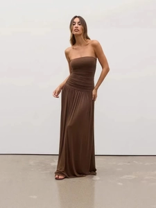 Slim fit dark brown strapless maxi dress with a minimalist draped silhouette and high elasticity