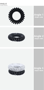 Detailaufnahmen von 4cm spiralförmigen Haargummis in Schwarz und Transparent aus mehreren Winkeln