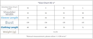 Size chart showing XS to L dimensions for striped poplin shirt with shoulder and bust measurements