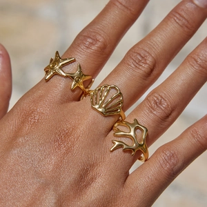 18K gold plated stainless steel starfish and seashell adjustable open rings for women