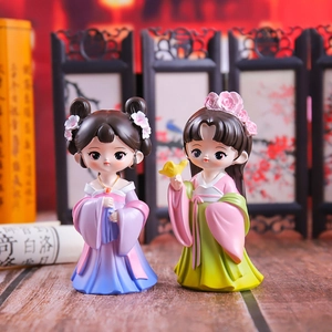 Exquisite Chinese style resin doll figurines in purple and green ancient costumes