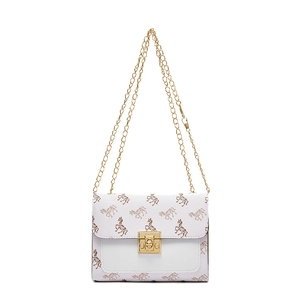 Chic pink and white crossbody bag with horse print pattern and gold chain strap