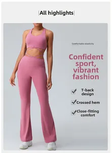 Detail of pink yoga set showing criss-cross hem top and high-waist flared pants