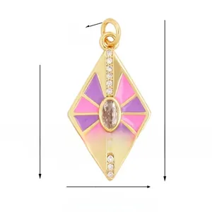 Detail view of gold-plated checkered heart pendant with purple enamel and small crystals