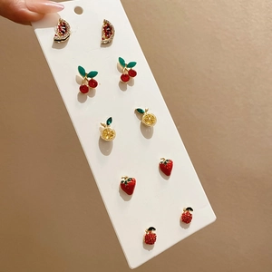 Detail of 6-pair fruit earring set with enamel finish and sparkling rhinestones