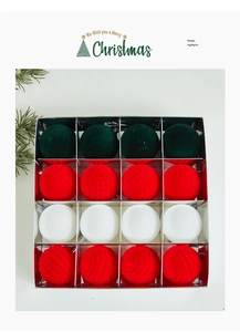 Detail view of 16-pack Christmas ball ornaments in red, green and white festive textures