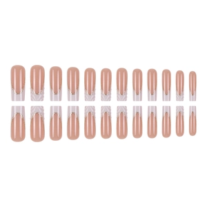 French tip coffin fake nails with 3D wave pattern and gold glitter lines 24pcs set