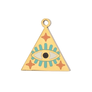 Detail of a triangle gold steel pendant featuring an evil eye motif with enamel accents