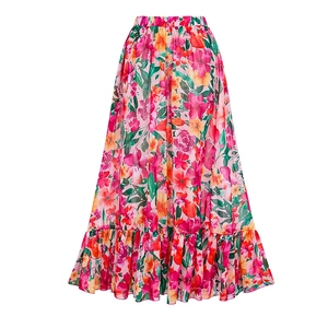 Detailed view of high-waist floral maxi skirt with elastic waistband and ruffle hem design