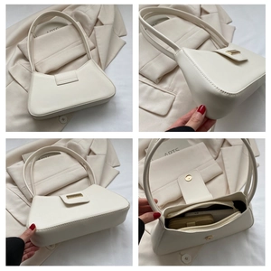 Detailed views of creamy beige faux leather shoulder bag with golden metal buckle clasp