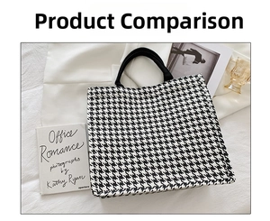 Top view of a houndstooth pattern tote bag with woven handles on textured fabric background