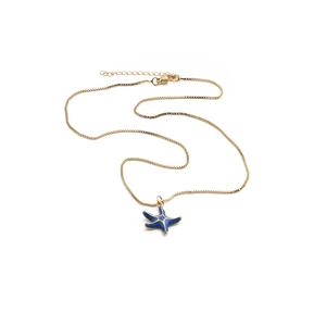Gold box chain necklace featuring a polished blue starfish pendant with gold edging