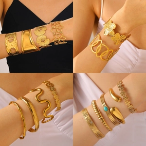 Chic gold-toned stainless steel bangles featuring bamboo and floral geometric designs