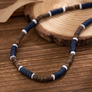 Men's bohemian coconut shell necklace featuring blue and white resin bead accents