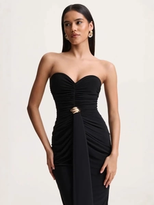Elegant black strapless ruched maxi dress with golden metal waist buckle detail