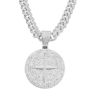 Collier chaîne cubaine argentée hip hop avec pendentif étoile ronde serti de strass