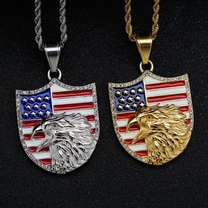 Eagle Head Pendant Necklace American Flag Enamel 316L Stainless Steel Rhinestone Hip Hop Jewelry For Men Patriotic