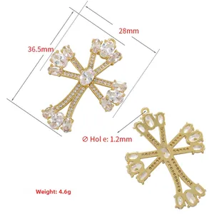 Detailed view of micro-paved zircon cross pendant with 36.5mm height measurements