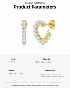 Detail view of S925 silver heart pearl earrings with 18K gold plating and 2mm shell pearls