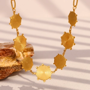 Retro 18K gold plated stainless steel necklace featuring spiral patterned circular discs