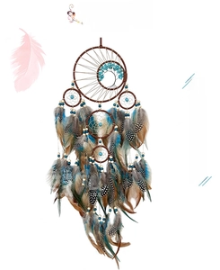 Detailed view of Tree of Life dream catcher with turquoise beads and spotted feathers