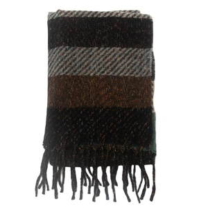 Detailed close-up of colorful striped tweed scarf with fringe on a white background