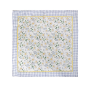 Floral cotton linen square headscarf with daisy pattern and blue checkered border