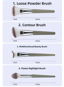 Size chart for professional makeup brushes including powder, contour, and highlight brushes