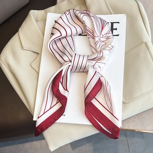 Women Faux Satin Square Scarf Satin Floral Print Striped Border Neckerchief Professional Office Fashion Accessories