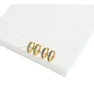 Modern water droplet huggie earrings with gold plating and green blue zircon stones