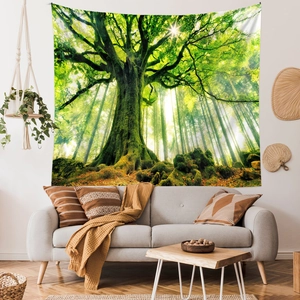 Detailed close-up of a forest tapestry showing vibrant green trees and a sunlit ancient tree