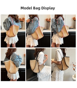 Detailed views of large capacity woven straw tote bags in pink, white, and black colors