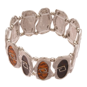 Vintage oval silver stretch bracelet with brown marble resin and spiral pattern