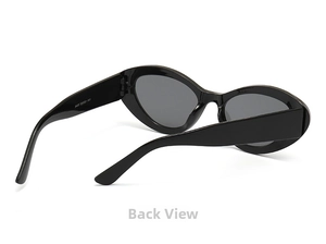 Detail shot of black oval sunglasses temple showing internal model size specifications