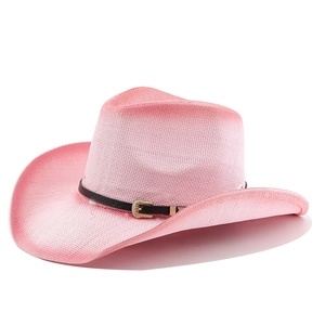 Pink gradient woven cowboy hat with wide brim and decorative leather buckle belt