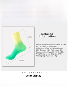Detail specifications of gradient crew socks with 83% cotton and yellow-green dye