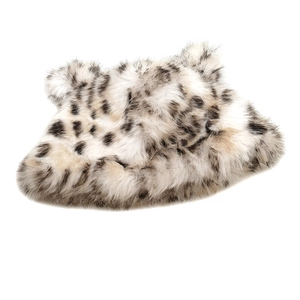 Close-up of leopard print faux fur bucket hat with cute ears for winter warmth