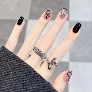Sweet Cool Black Pink Press On Nails Heart Design Rhinestone Glitter French Tip False Nails For Women