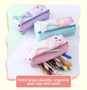 Detail view of large capacity mermaid pencil cases with 3D sequin tails and zippers