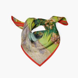 Detail of oil painting pattern silk scarf with green tones and vibrant red hem