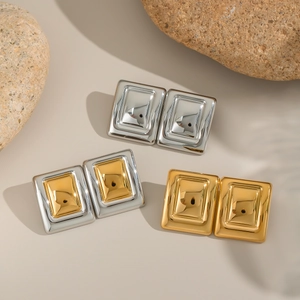 Minimalist square stainless steel stud earrings set in gold, silver, and two-tone finishes