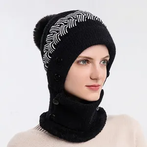Damen Strickmütze mit Schal Schwarz, Fleece-Futter und Bommel für winterliche Wärme