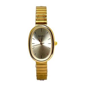 Elegant gold oval quartz watch for women with stylish metallic expansion strap bracelet