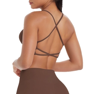Soutien-gorge de sport marron café avec fines bretelles croisées et dos nu de yoga