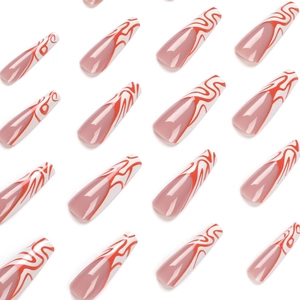 Long coffin fake nails with natural nude base and red white wavy pattern design