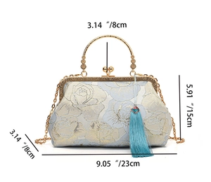 Detailed blue jacquard handbag measurements with 23cm length and 15cm height dimensions