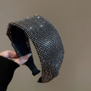 Sparkling wide padded headband with grey rhinestones and black fabric for women